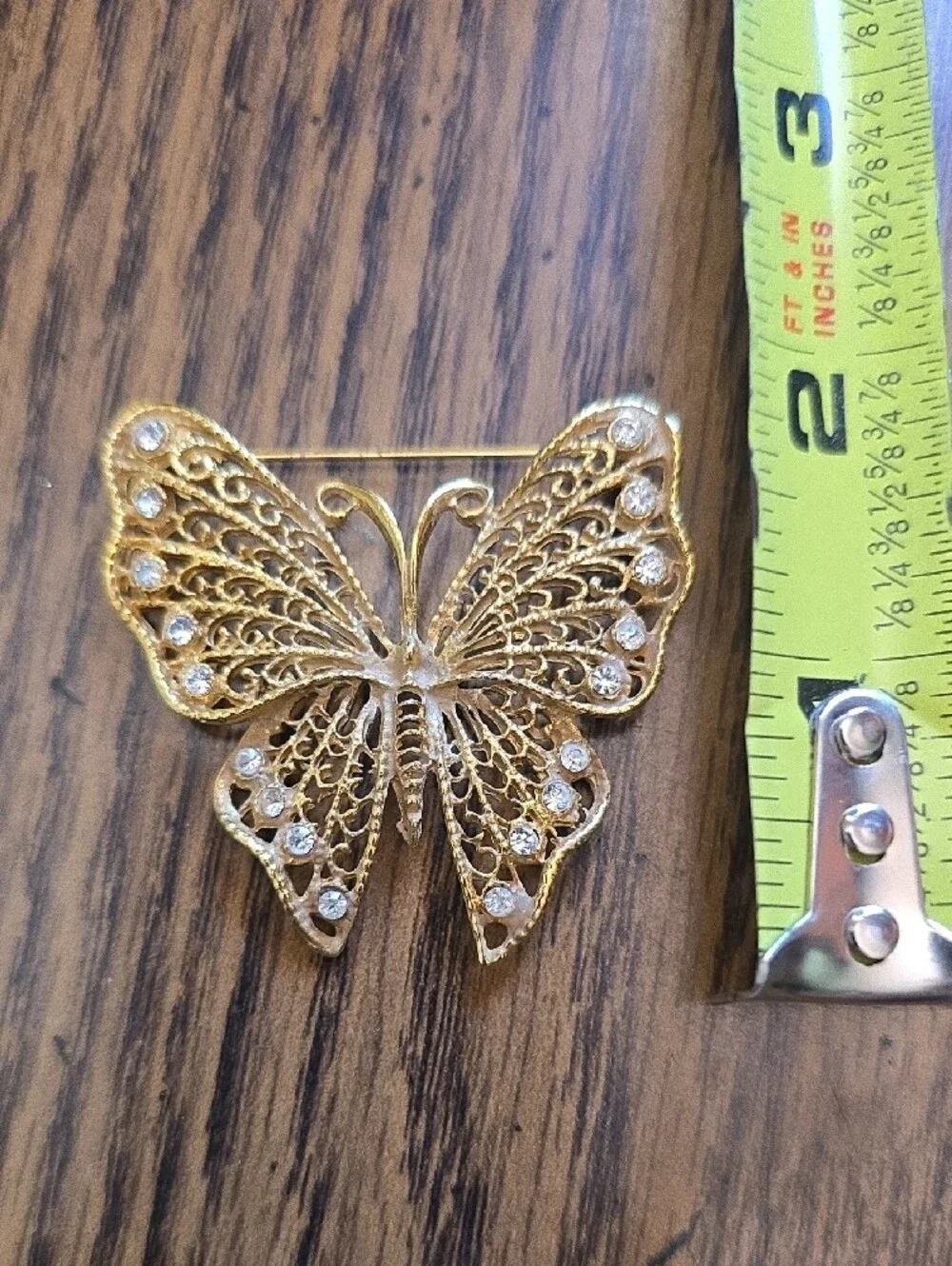 Vintage 1970's Gold Tone  Butterfly Brooch with Clear Stones - Women Jewelry